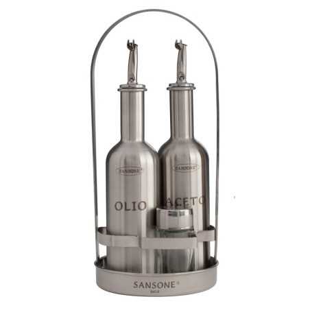 SANSONE SET DE HUILE ET VINAIGRE EN INOX, SALIÈRE ET POIVRIER EN VERRE AVEC SUPPORT INOX 18/10 - 4 PIÈCES